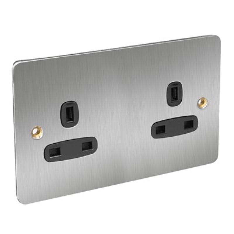 Flat Plate 13Amp 2 Gang Socket Unswitched *Satin Chrome/Black In